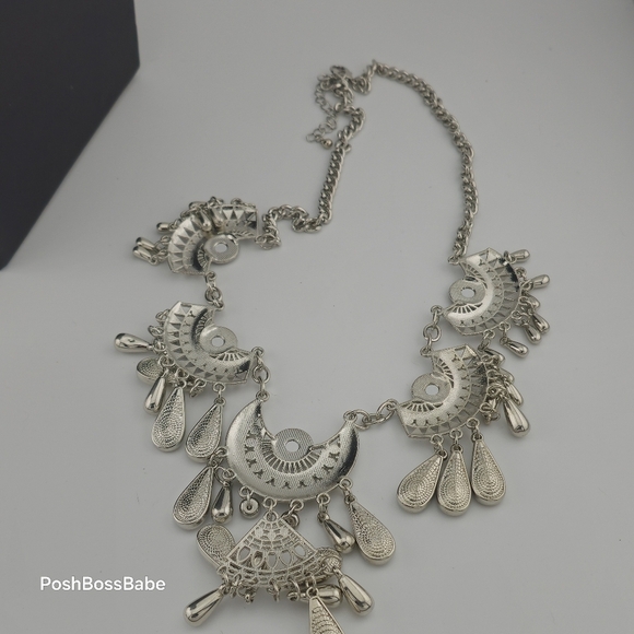 Boho Statement Necklace with Silver-Tone Crescent Medallions – 20-23" Length - Picture 12 of 12